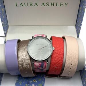 Laura Ashley Silver Slide-through Interchangeable Sleek Dial Floral Watch Set
